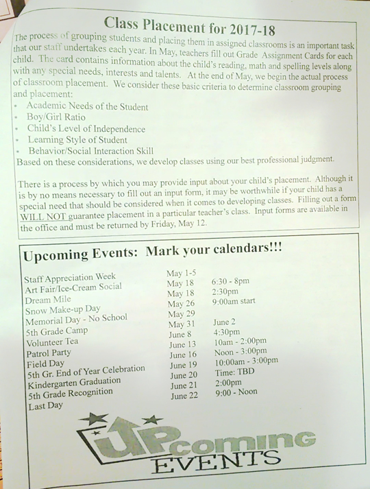 a page of a school newsletter with information about class placements and upcoming events