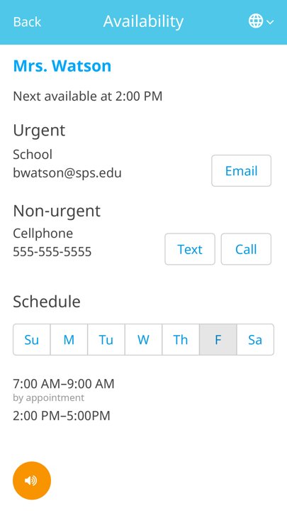 Screenshot of the Springboard webapp. A teacher's availability and contact information is listed.