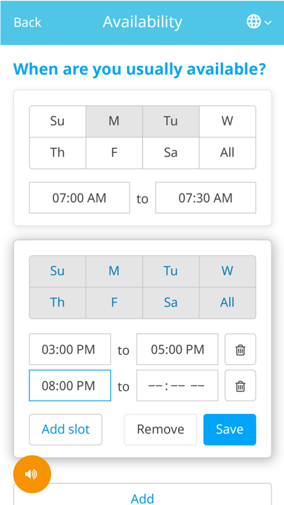 Screenshot of the Springboard webapp. The user has options to indicate when they are available.