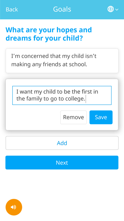 Screenshot of the Springboard webapp. The user is creating cards responding to the prompt 'What are your hopes and dreams for your child?'