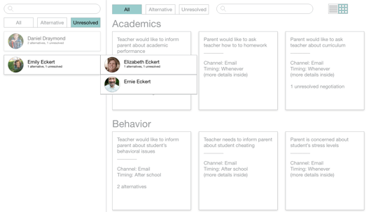 Screenshot of an interactive wireframe. There are cards with scenarios and protocols. A list of students is on the left.