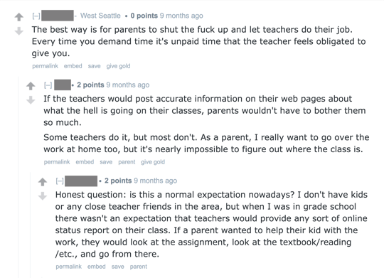 screenshot of a Reddit thread discussing parent-teacher communication