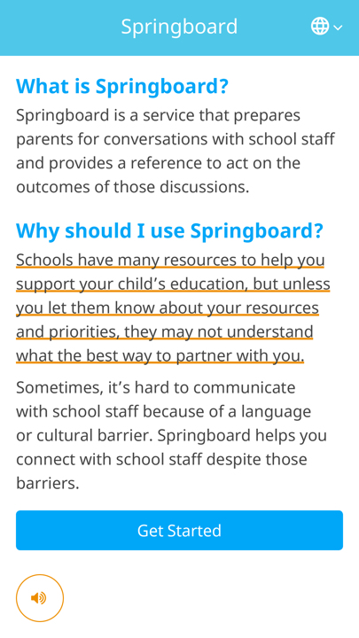 Screenshot of the Springboard webapp. Some text is underlined in orange to signify that it is being spoken by the app.